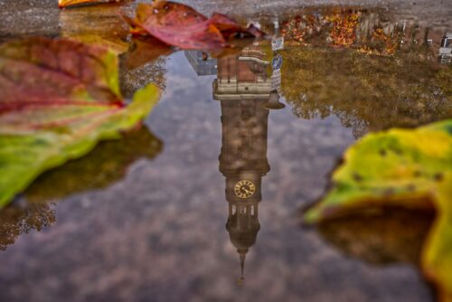 Pfütze mit Herbstblättern. Reflexion vom Michel in Hamburg